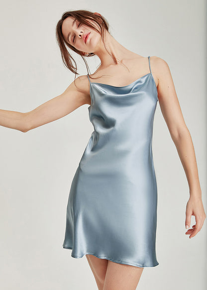 Silk Cowl Neck Slip Dress, Sky Blue