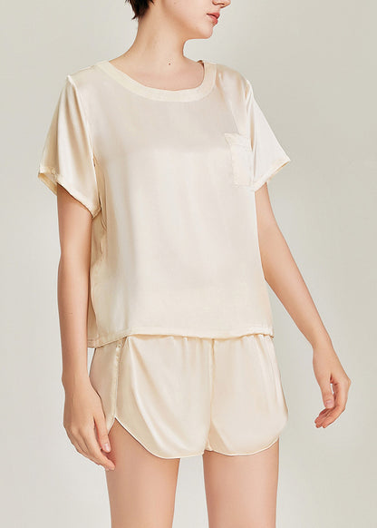 Silk Tee and Shorts Set, Beige