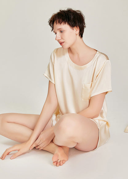 Silk Tee and Shorts Set, Beige